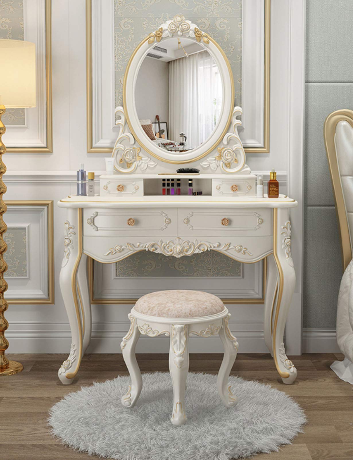 Amazon｜松材ドレッサー 姫系 化粧台 おしゃれ 一面鏡 LED3つのモード