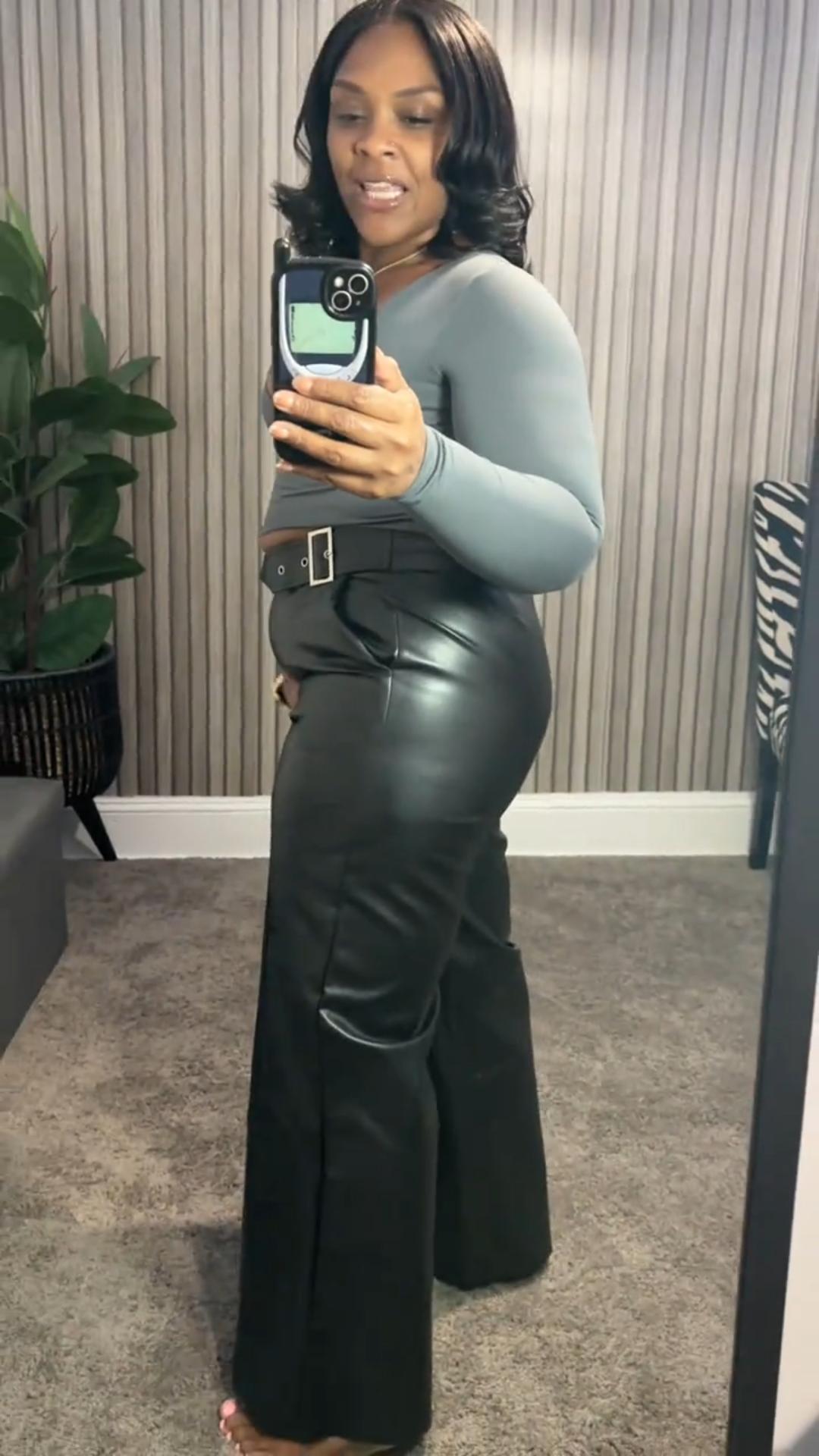 oshoplive Women's Faux Leather Pants PU High Waist Wide Leg Pants