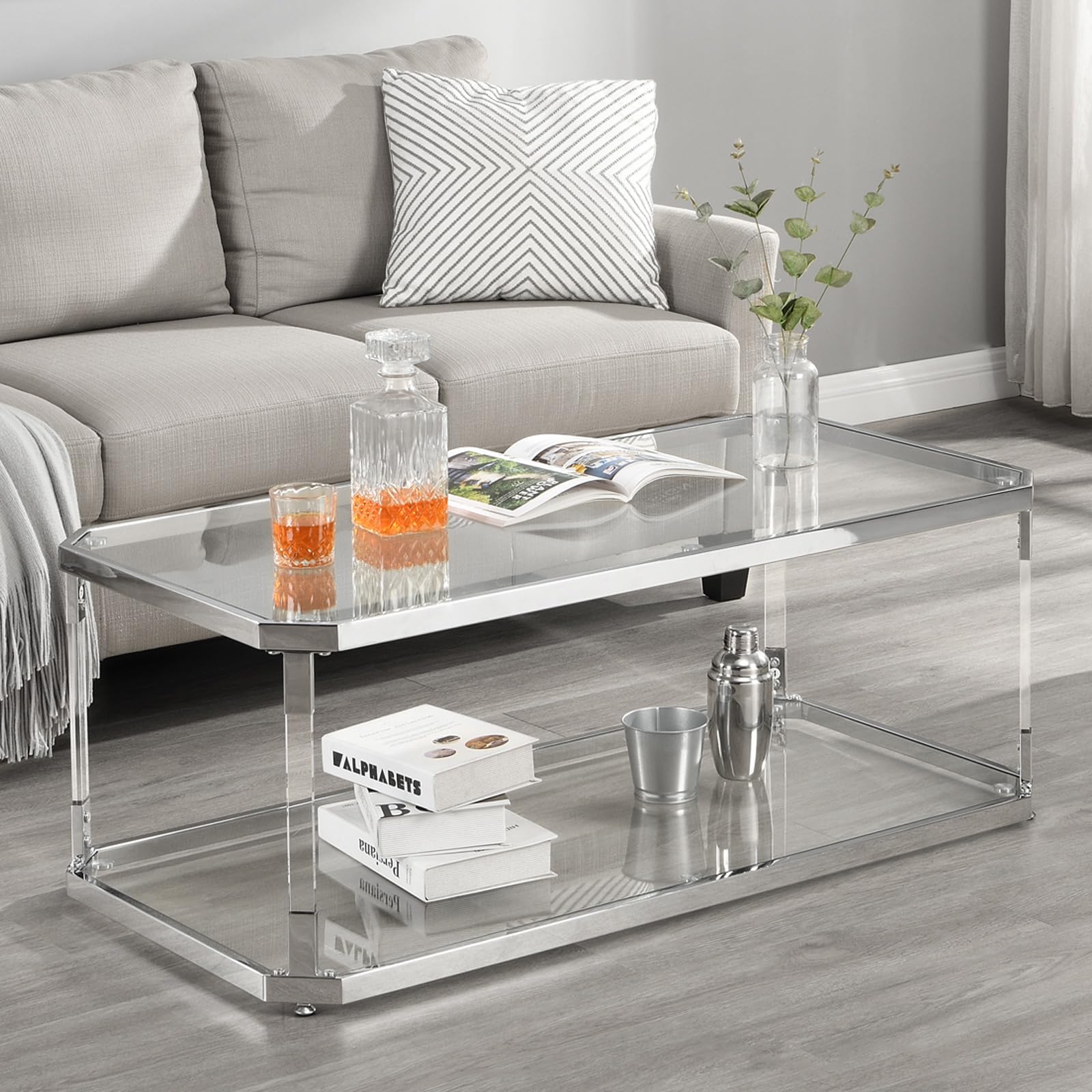 Amazon.co.jp: MINPINSER 2段シルバー長方形ガラスコーヒーテーブル