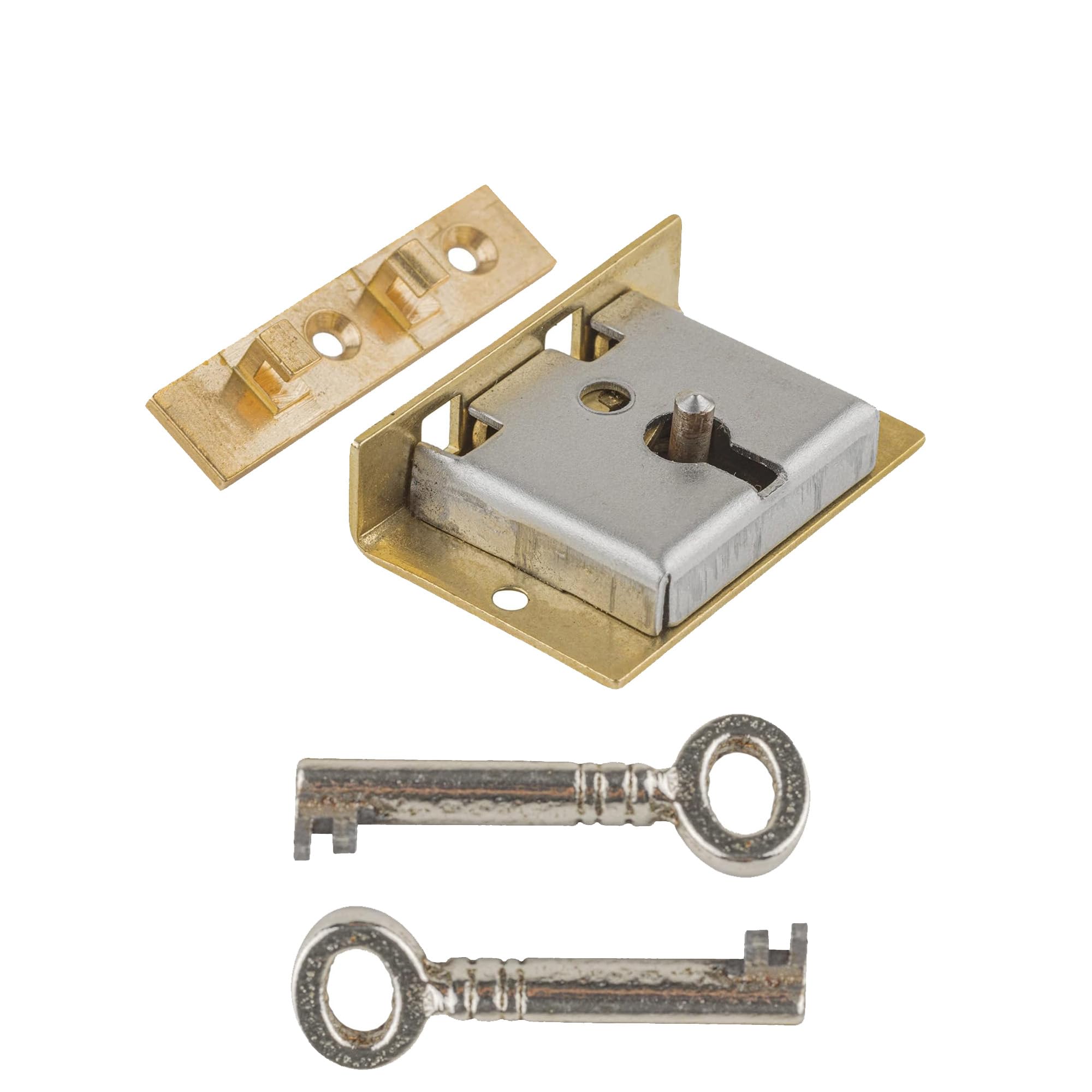 Small Brass Half Mortise Chest or Box Lock with Two Skeleton Keys
