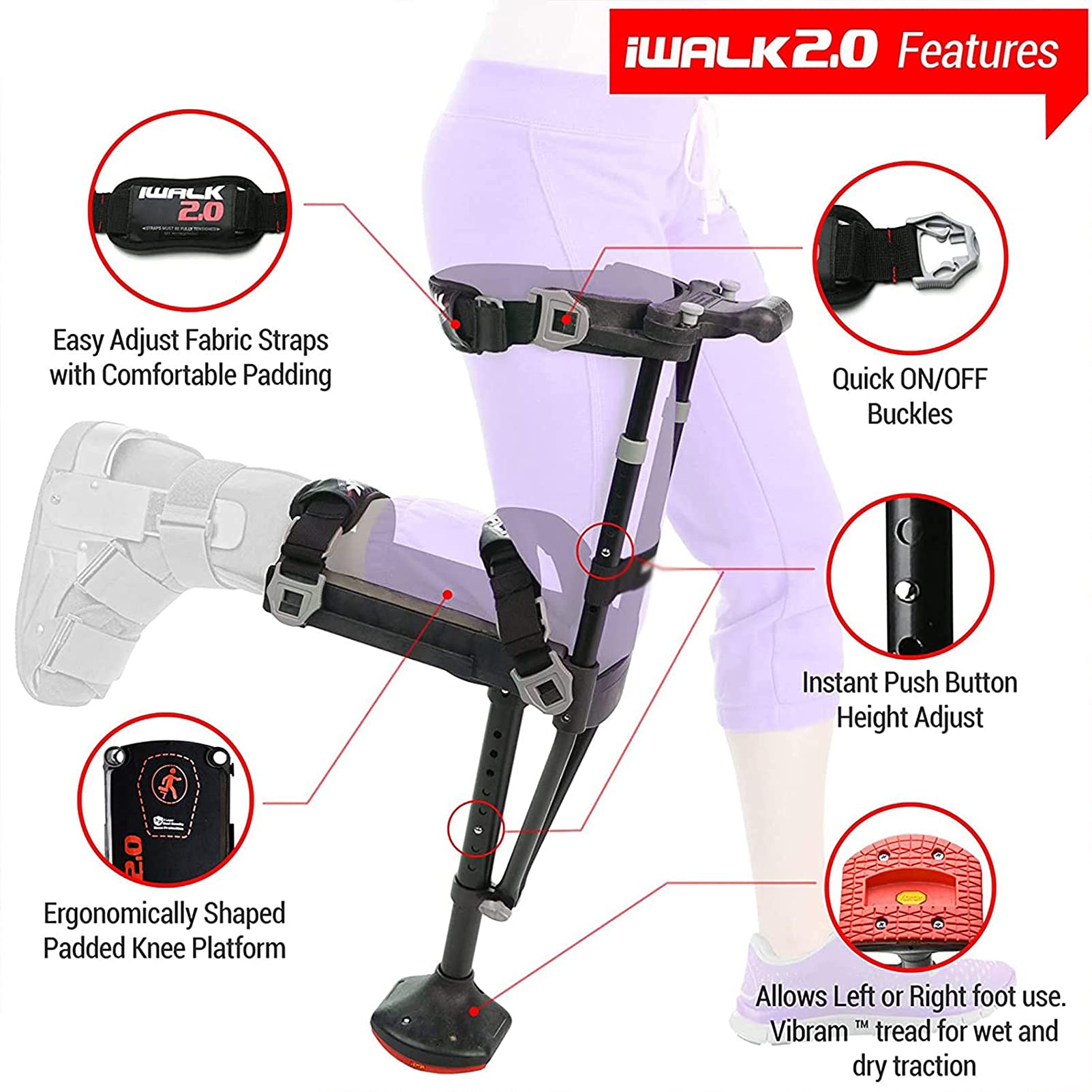 Amazon.co.jp: 調節可能な滑り止めハンズフリー膝松葉杖、片足伸縮式