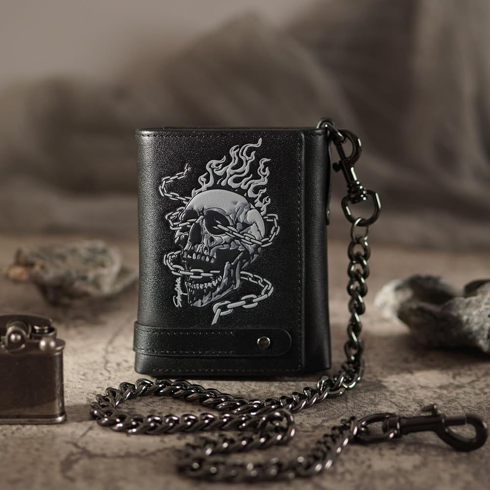 Amazon.com: skneephate Men's Wallet With Chain Skull Trifold