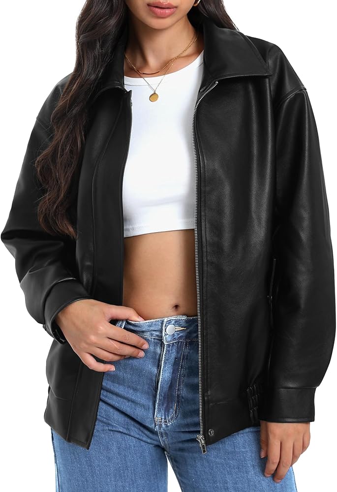 Casly Lamiit Womens Faux Leather Jacket Oversized Motorcycle
