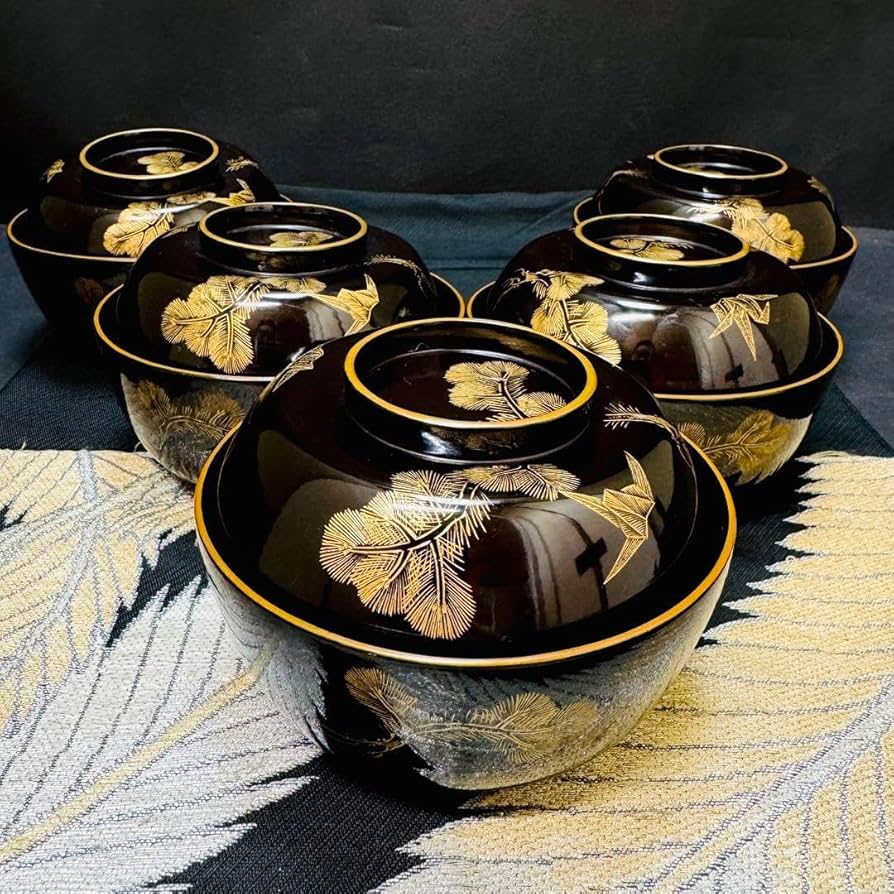 輪島塗 お汁粉椀 お膳 5客組 折れ松葉文 汁物椀 未使用品 輪島塗 お