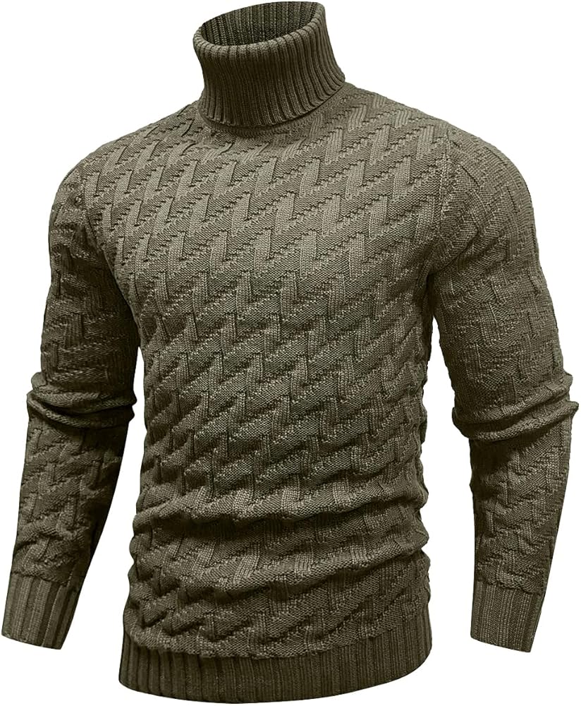 SAVKOOV Men's Slim Fit Turtleneck Sweater Cable Knitted Pullover
