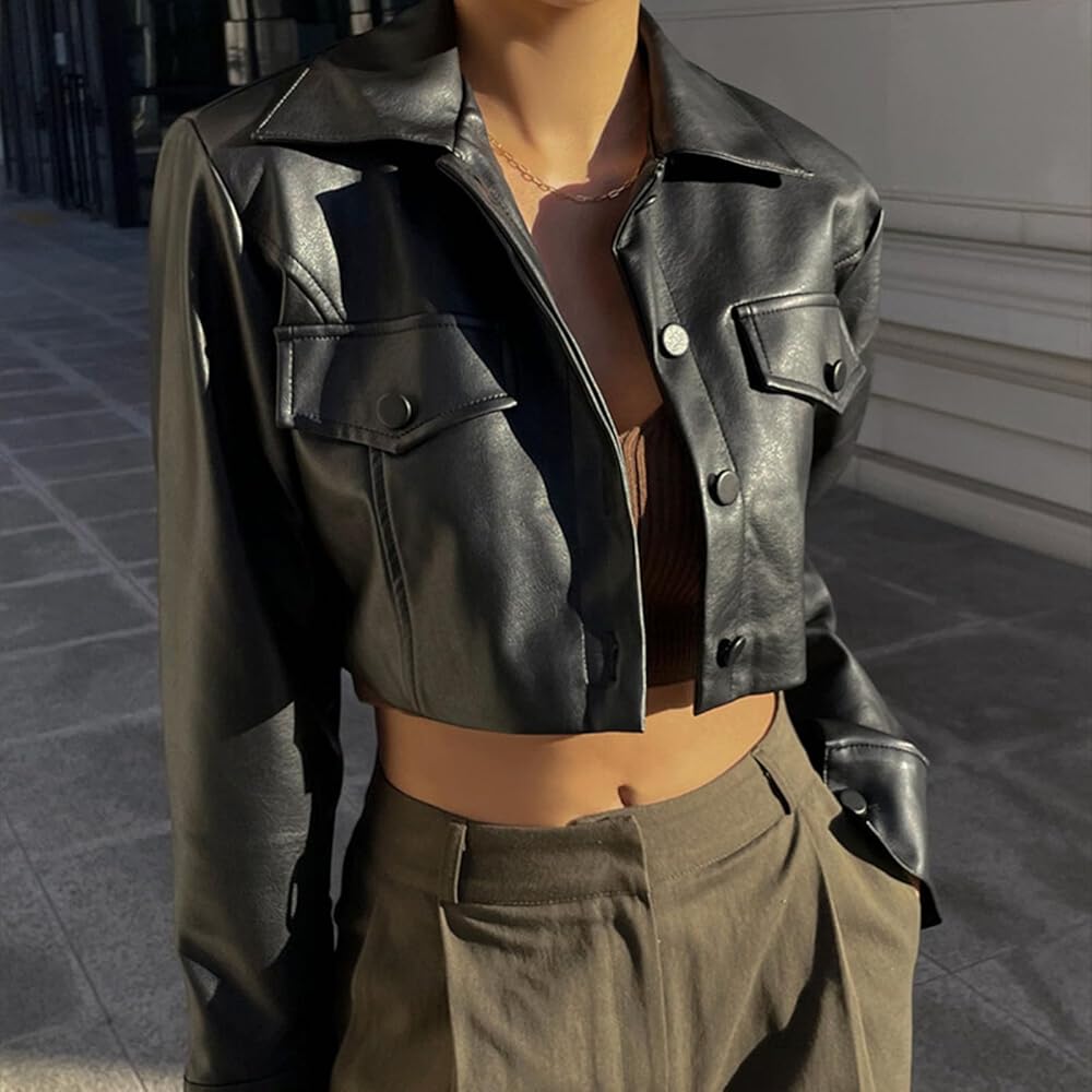 LMSXCT Women Cropped Leather Jackets, Faux Leather Motorcycle