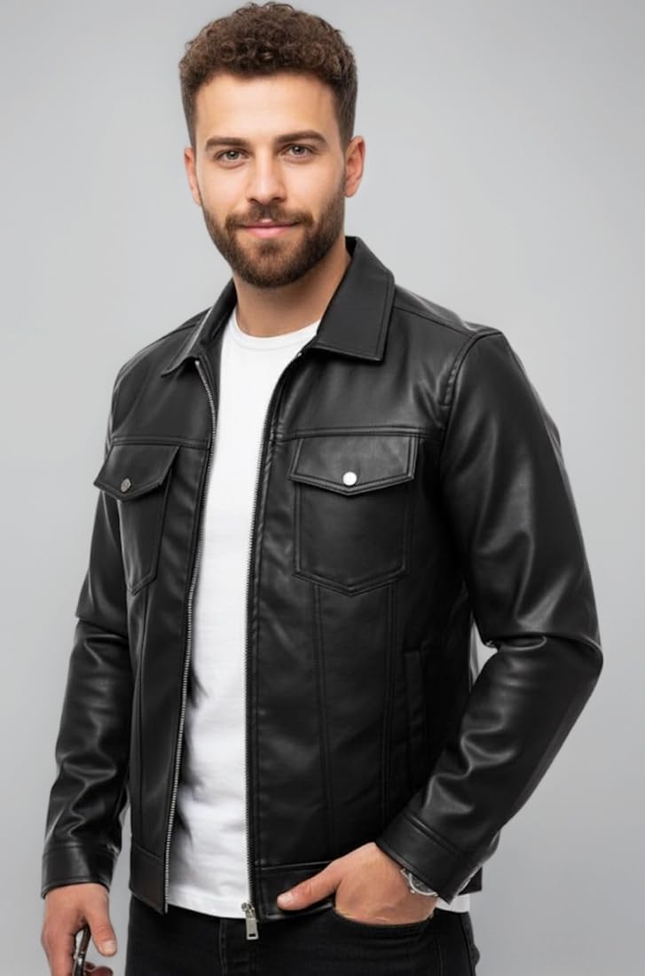 Buy Classic Black Faux Leather Jacket, Zip Front, Dual Chest