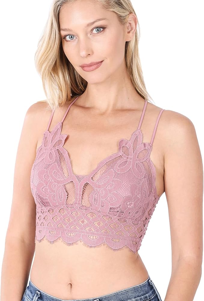 Zenana Women's Crochet Sexy Floral Lace Bralette with Cross Back