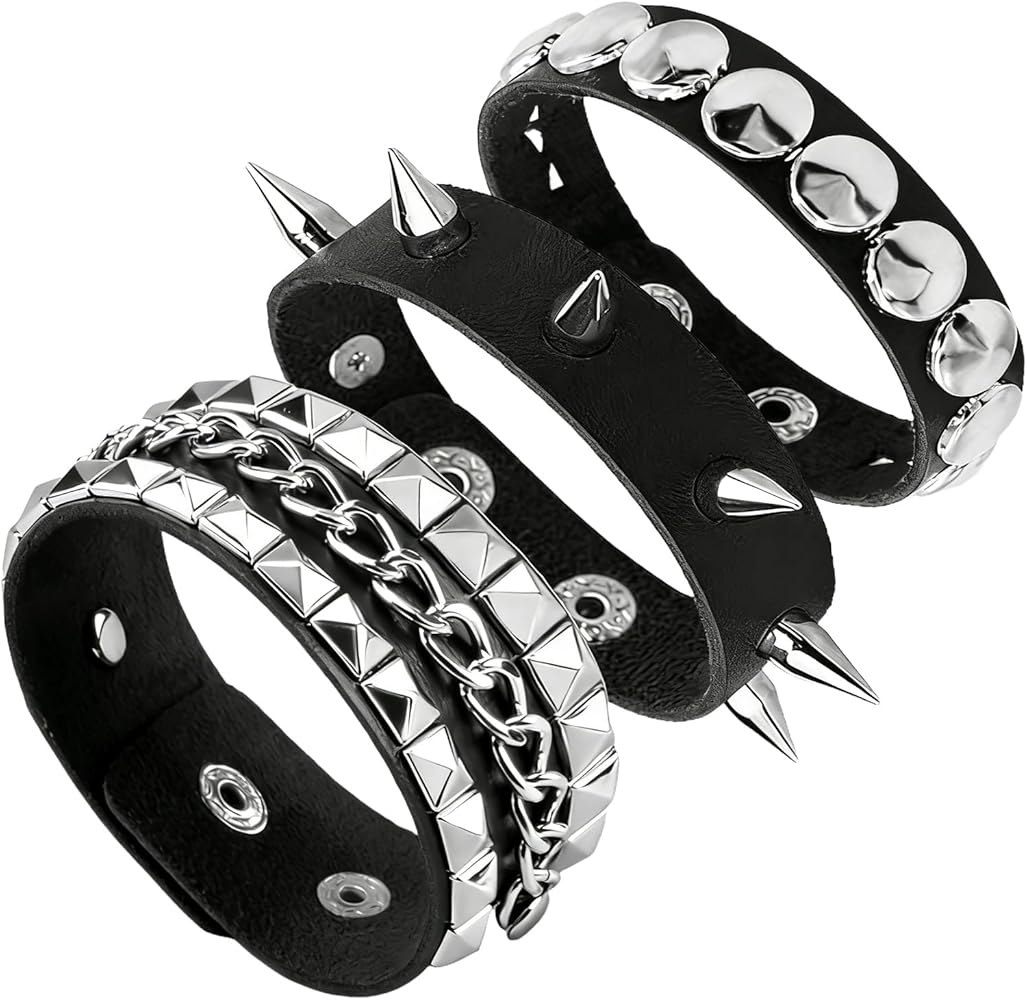 Amazon.com: Tosmifairy 3PCS Mens PU Leather Bracelets Set Studded