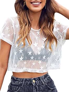 MakeMeChic Women's Star Sheer Mesh Crop Top Short Sleeve Cover Up