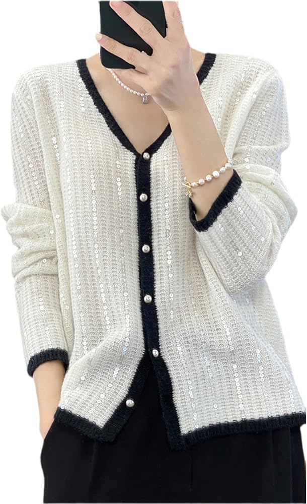 Spring and Autumn Solid Wool Cardigan Women's V-Neck Sequin All