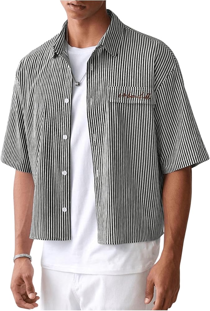Amazon.com: GORGLITTER Men's Striped Button Down Up Cropped T