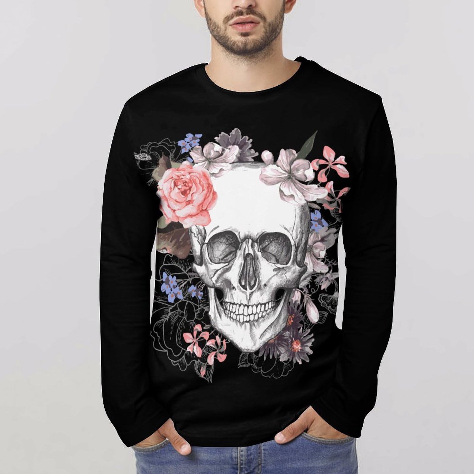 Amazon.co.jp: メンズ ロングTシャツ スカル ドクロ柄 髑髏柄 長袖T