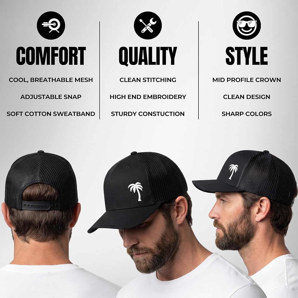 LINDO Trucker Hat [ Palm Tree - Black ] at Amazon Men's Clothing store