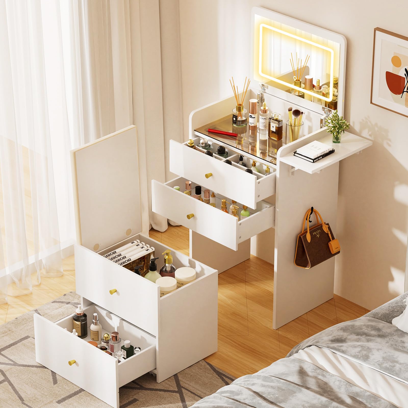 Amazon｜GTPLAYER ドレッサー コンパクト 白 ナイトテーブル 照明付き