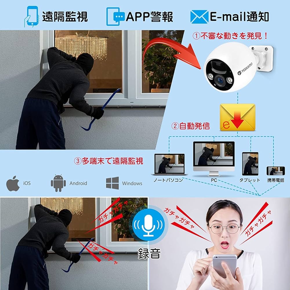 Amazon.co.jp: 【300万画素・完全無線】 YESKAMO 防犯カメラ 屋外