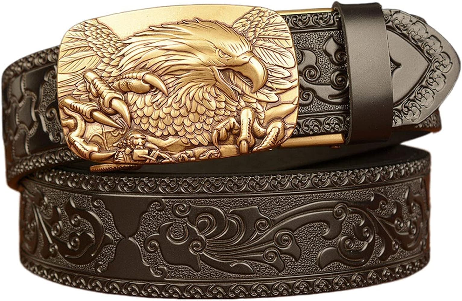 Amazon | ベルトメンズ、イーグル自動バックルレザーベルト