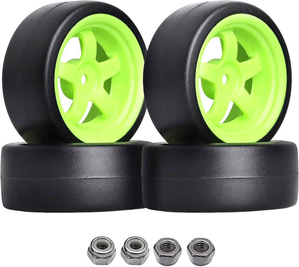 Hard Plastic 26mm RC Drift Car Tires & Wheel Rims Green 12mm Hex