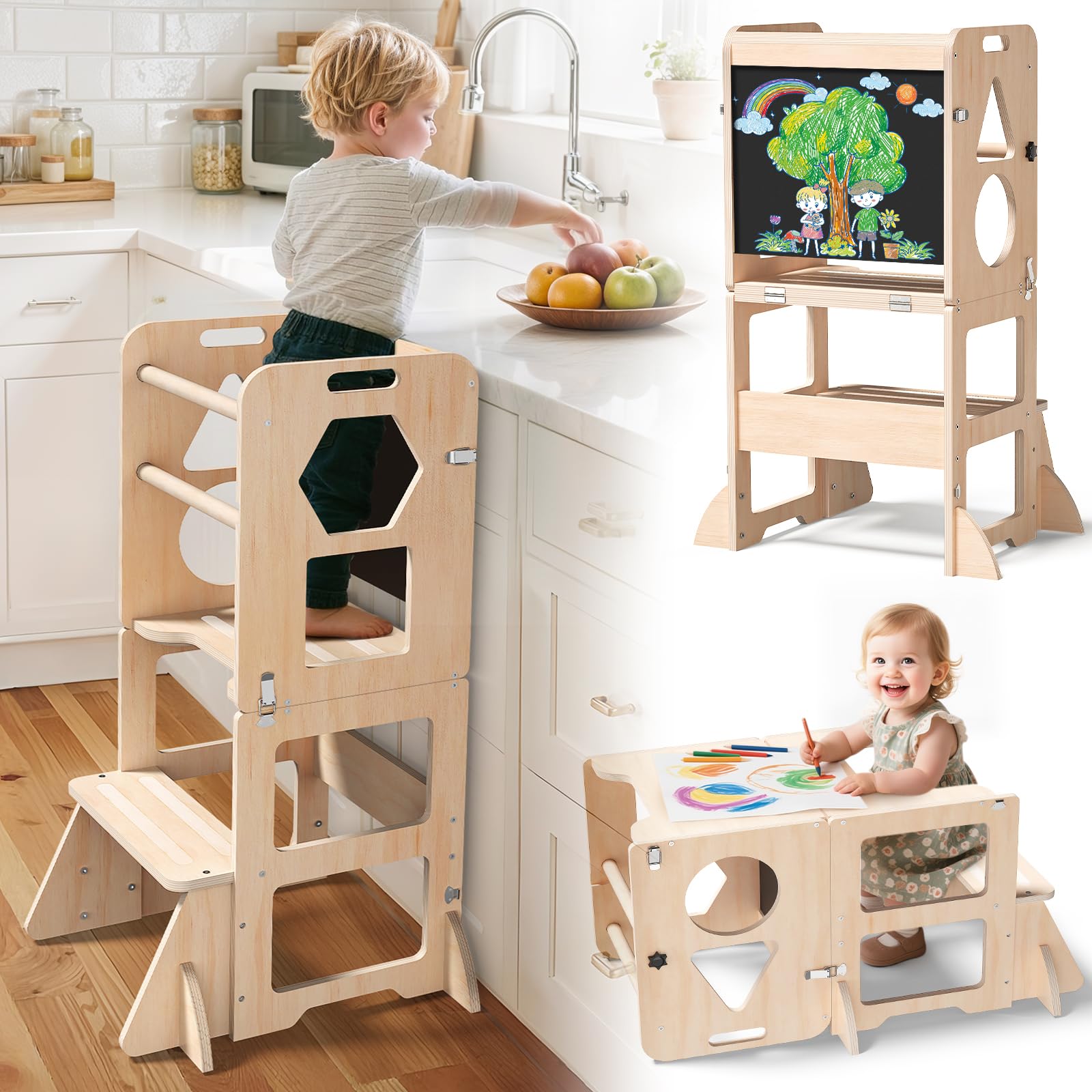 Amazon.com: Woodure 4-in-1 Toddler Kitchen Step Stool, Foldable