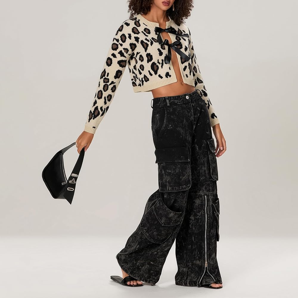 Women's Y2K Leopard Print Knit Cardigan Coquette Long Sleeve Tie