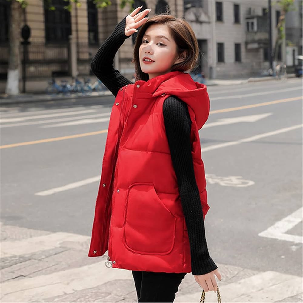 Amazon.co.jp: 女性のノースリーブのダウンベストフード付き冬の暖かい