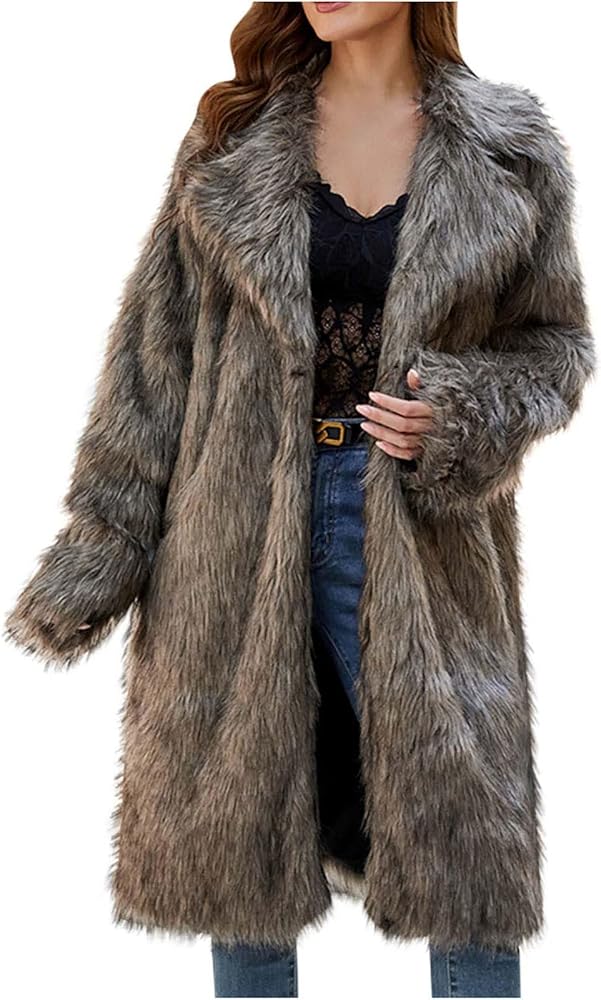 Women 2024 Winter Faux Fur Coats Lapel Long Sleeve Jacket Fuzzy