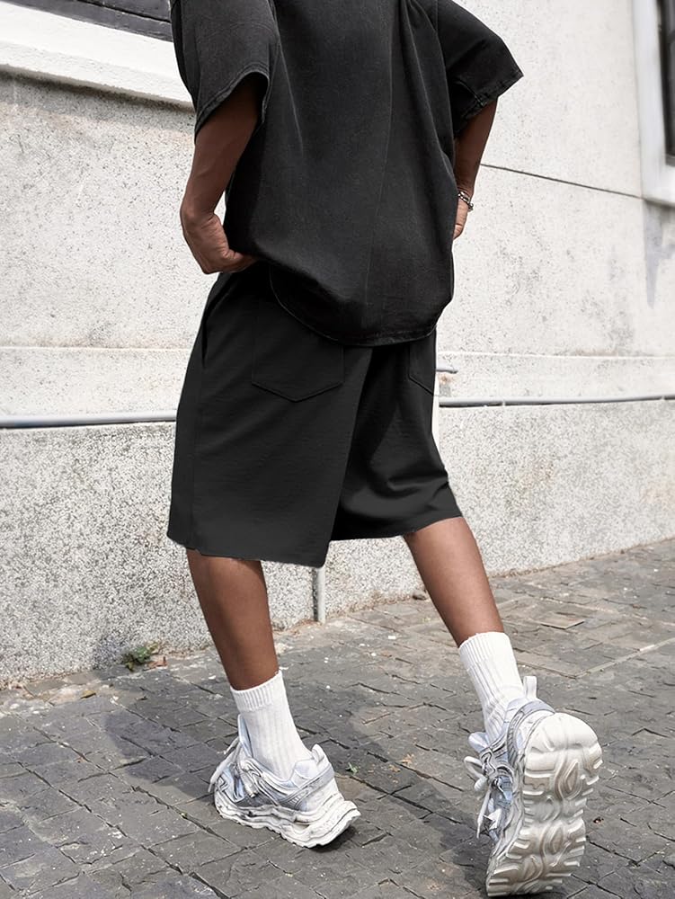 SHENHE Men's Baggy Sweat Shorts Drawstring Waist Wide Leg Raw Hem