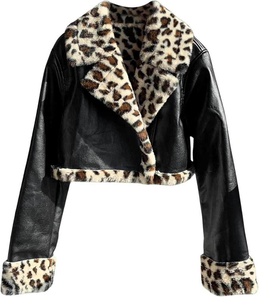 MakeMeChic Women's Y2K Leopard Print Faux Fur Biker Leather Jacket