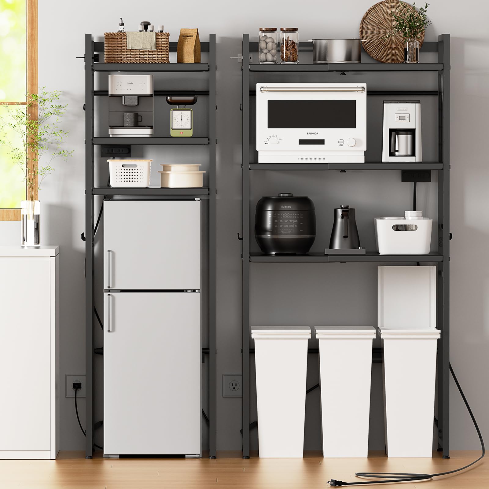 幅伸縮・2口コンセント・高さ調整】冷蔵庫上ラック キッチンラック