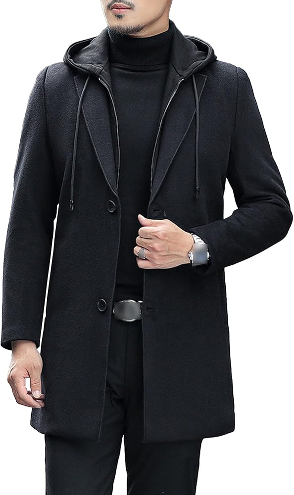 JEKE-DG Men's Single-Breasted Wool Hooded Coat Casual Mid-Long