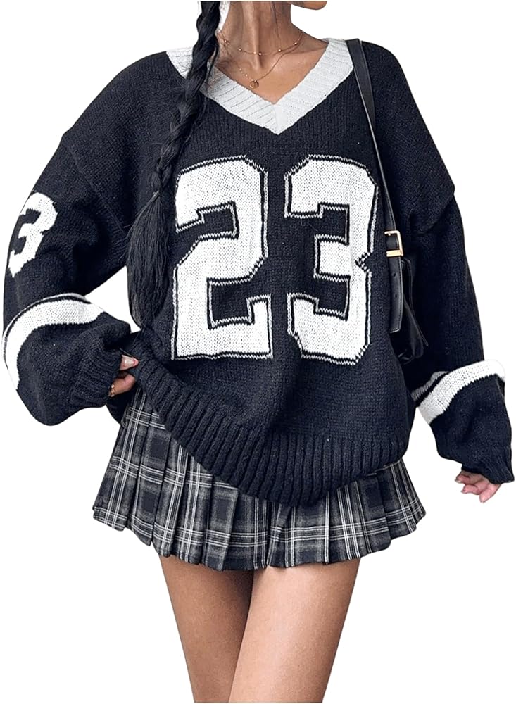 SOLY HUX Women's Y2k Oversized Sweater Number Graphic V Neck Drop
