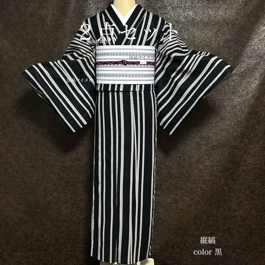 浴衣 綿麻 粋な夏着物 菊柄 黒 献上柄 半幅帯 2点
