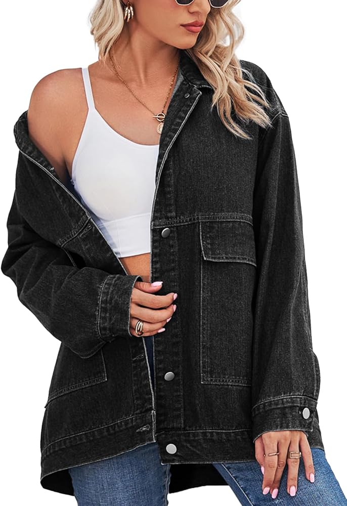 PAODIKUAI Women's Oversized Denim Jacket Casual Long Sleeve