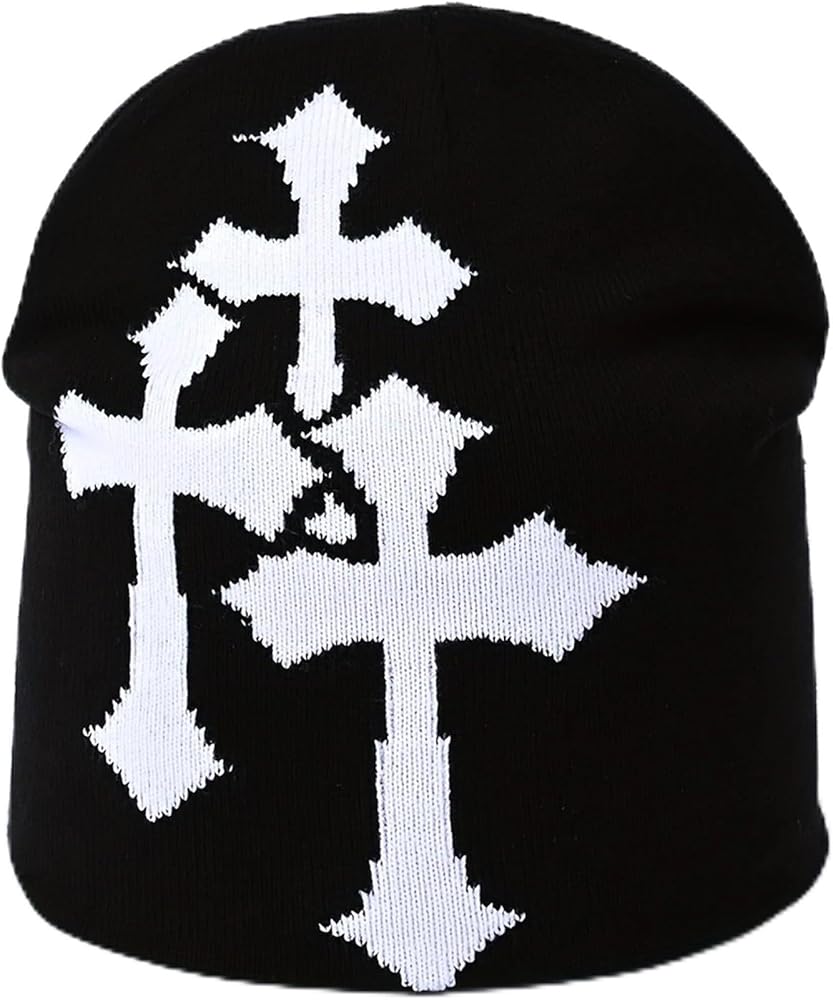 Fashion Knit Beanie with Cross Pattern Y2K Unisex Soft Jacquard