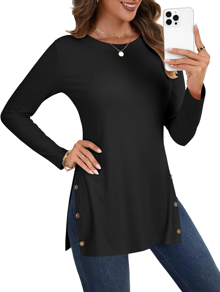 LYANER Women's Button Split Slit Sides Scoop Neck Long Sleeve