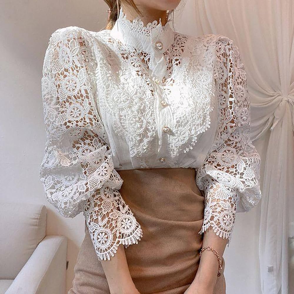 Huuilaibazoo Women Elegant Party Shirts Lace Crochet Long Sleeve