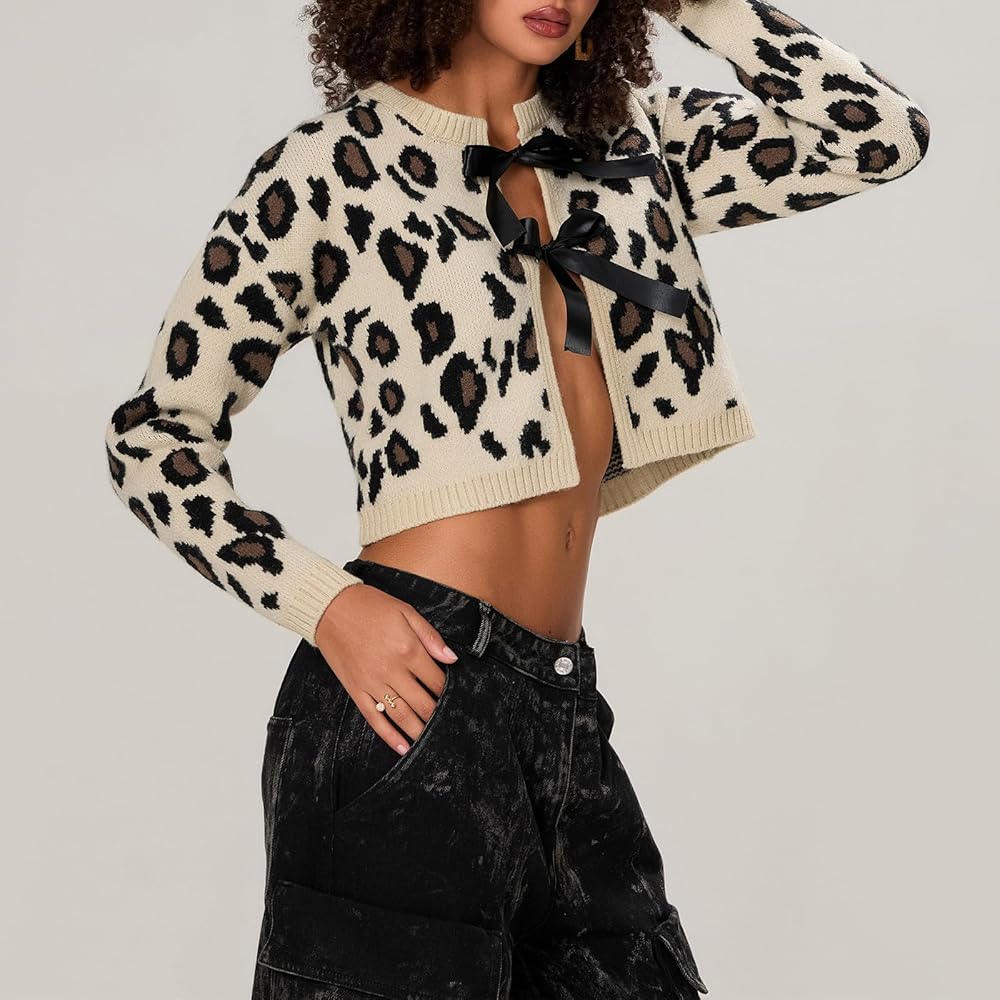 Women's Y2K Leopard Print Knit Cardigan Coquette Long Sleeve Tie
