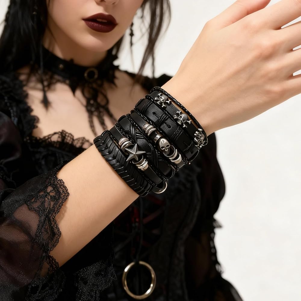 Punk Leather Cuff Bracelet for Men Women Goth Leather Wristband