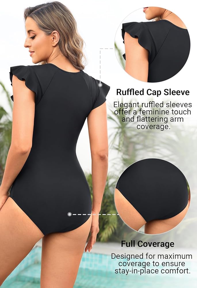 Tempt Me Black One Piece Swimsuits for Women Zip Front Rash Guard