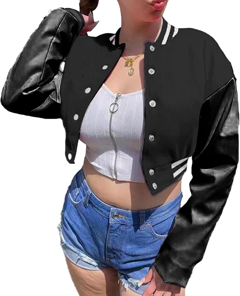 Amazon.com: Tcremisa Womens Casual Cropped Bomber Jacket Contrast