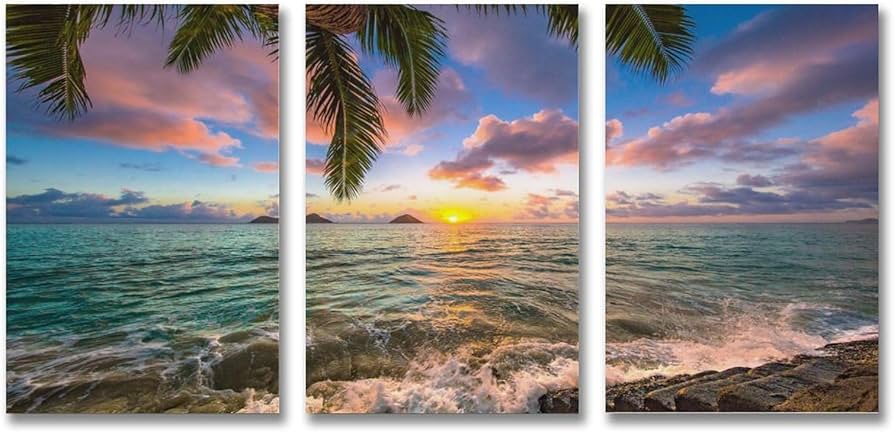 Amazon.co.jp: 3枚 ヤシの木と海に沈む夕日 絵画 インテリア ポスター