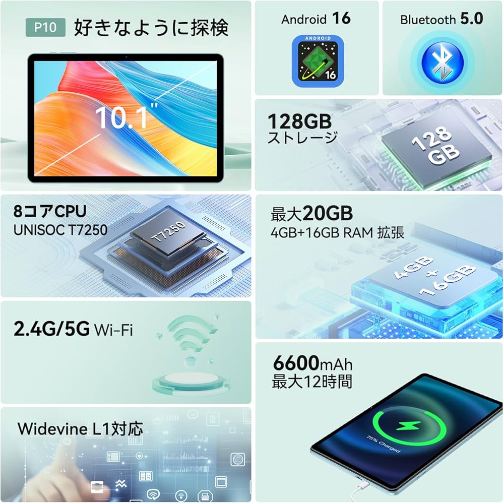 Amazon.co.jp: android16 タブレット 10インチ 2026最新 wi-fiモデル