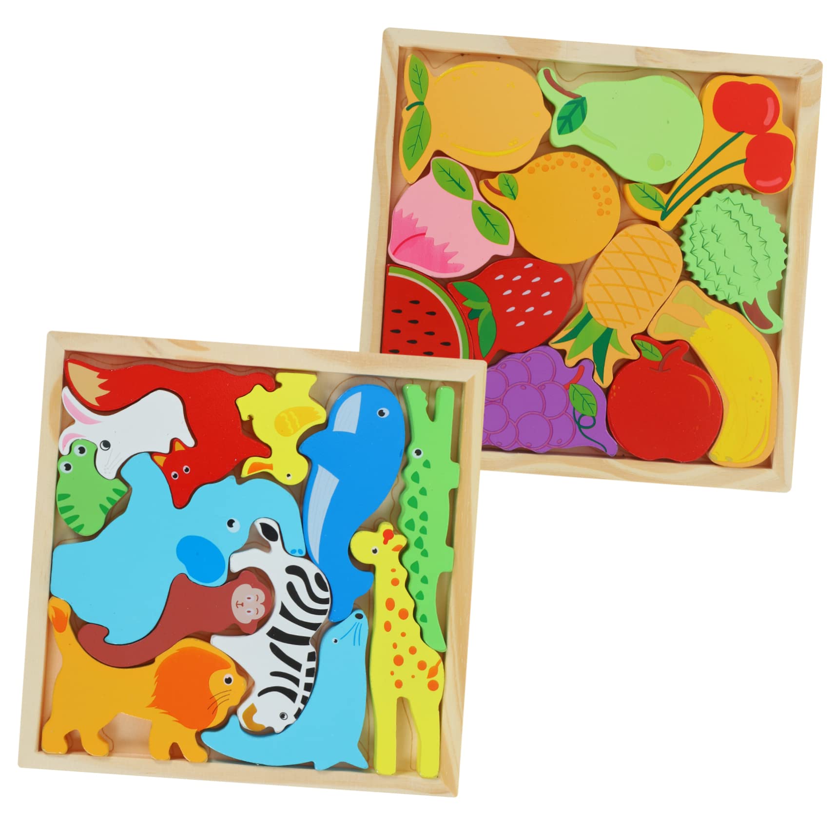 Amazon.co.jp: Vaguelly 木質彩色動物と果物の箱 知育パズル玩具 子供