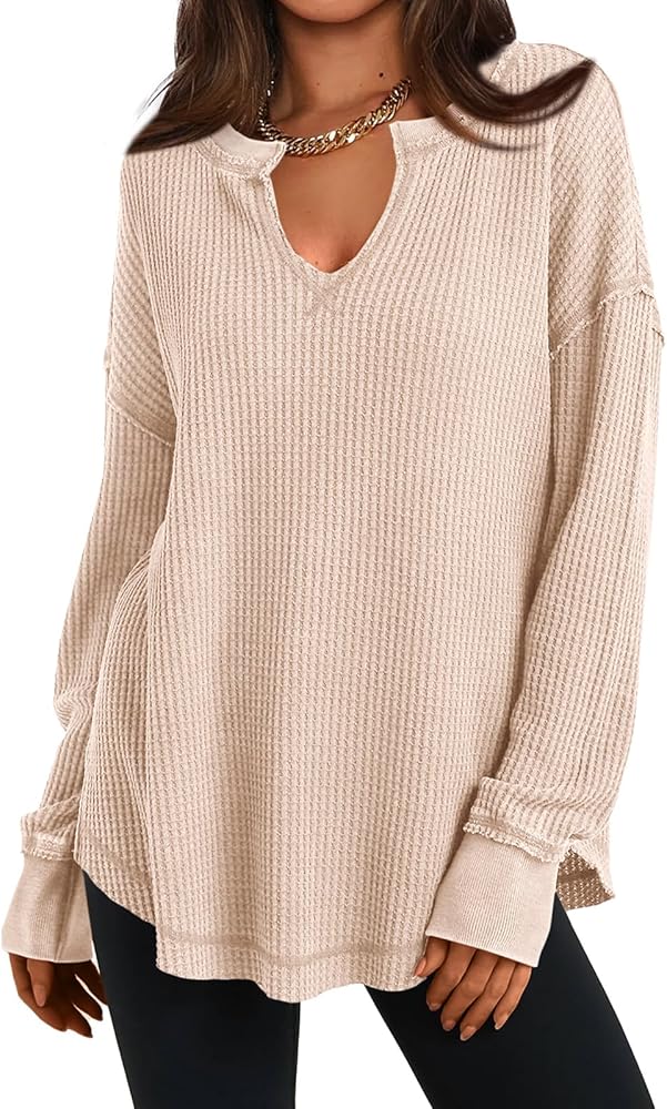 PRETTYGARDEN Solid Color Waffle Knit Long Sleeve Shirts for Women