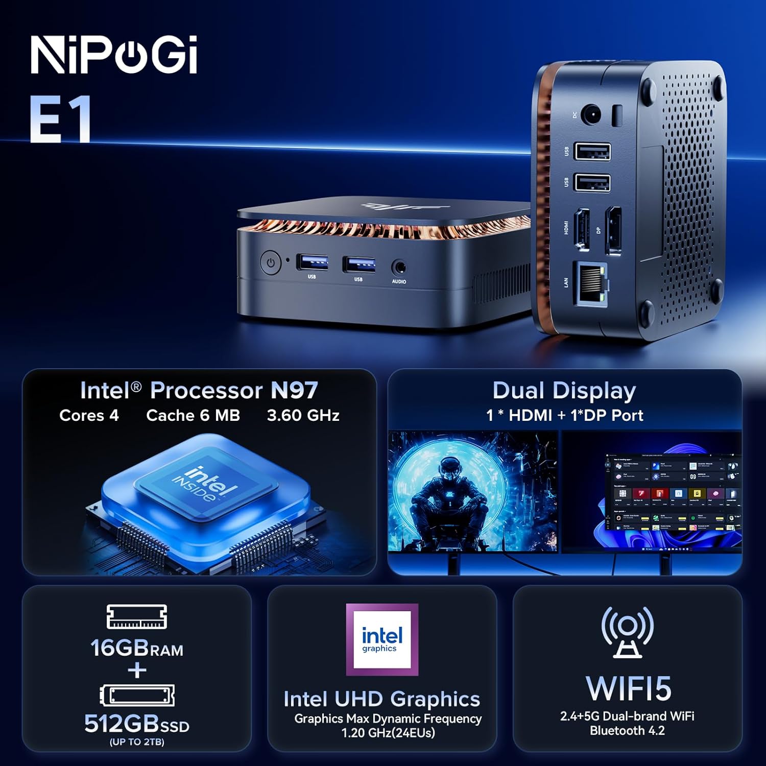 NiPoGi Mini PC E1 Mini PC Windows 11 pro Intel Alder Lake-N97