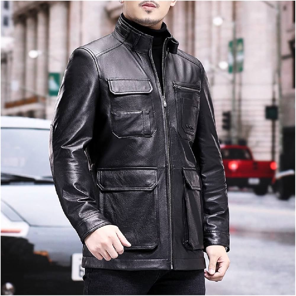 ZHCWT Men's Leather Stand Collar Autumn Winter Tops Layer Coat