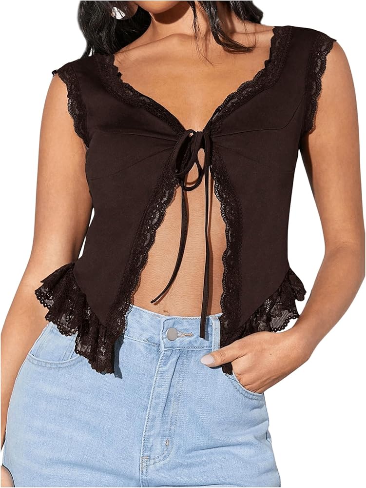 Milumia Women's Lace Trim Open Tie Front Tops Y2k Sleeveless Deep