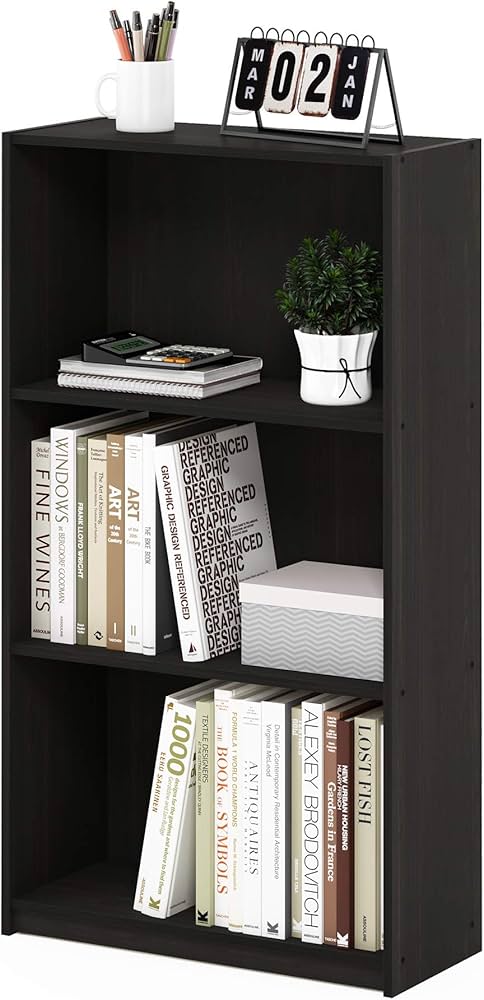 FURINNO Basic 3-Tier Bookcase/Bookshelf/Storage Shelves, Dark