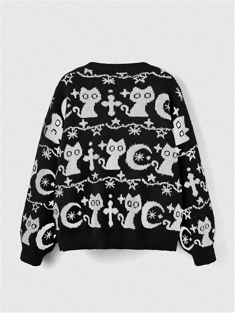 WDIRARA Women's Goth Cartoon Pattern Sweater Long Sleeve Crewneck