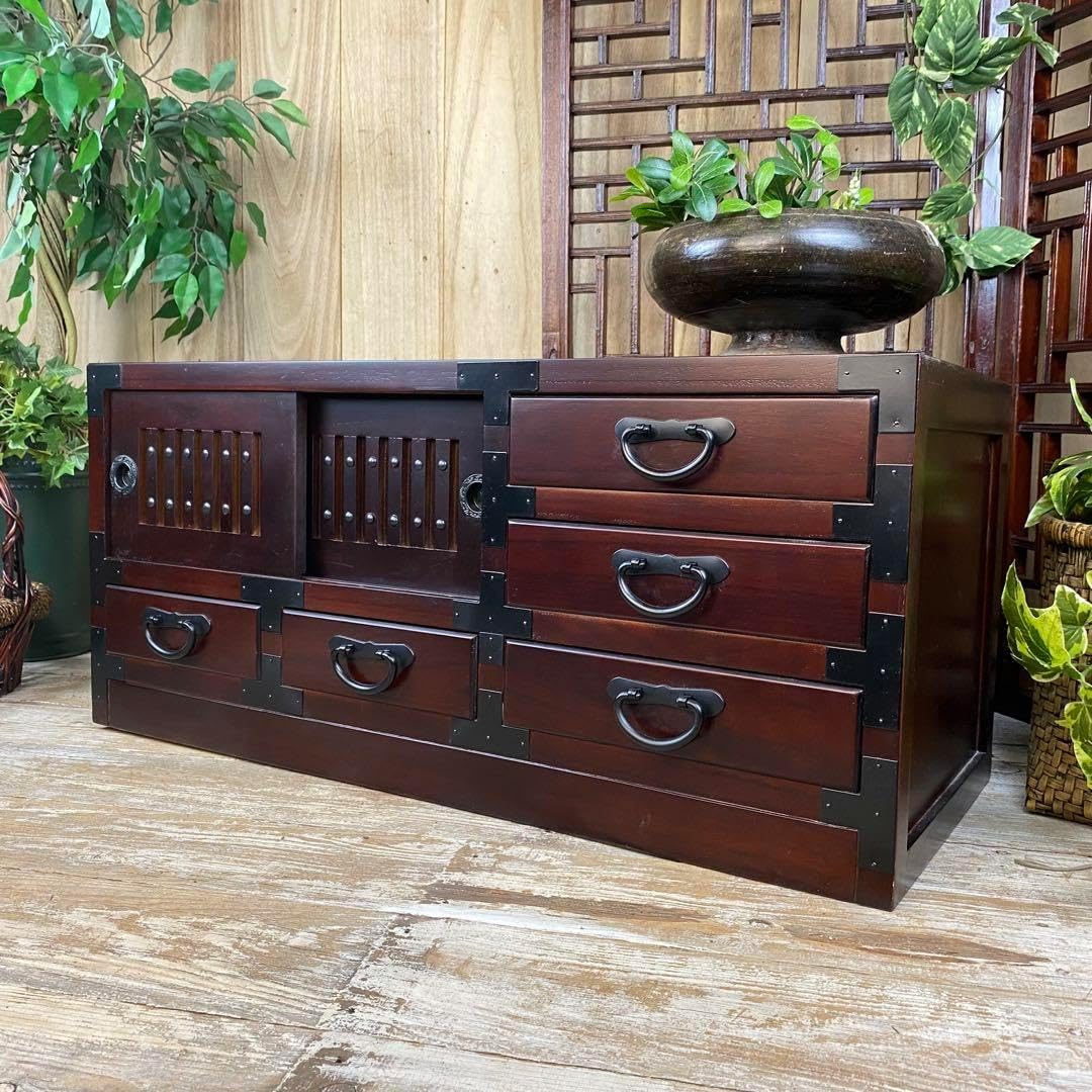 人気再入荷民芸家具桐材天然無垢和引き戸付きチェスト横長テレビ台